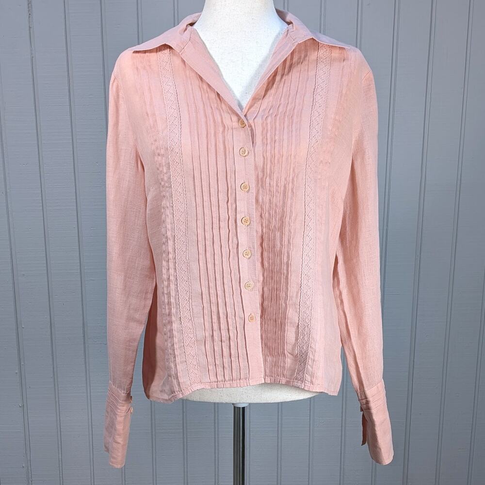Pink Pleated Lace Front 100% Linen Long Sleeve Blouse Top Semi-Sheer Size 10